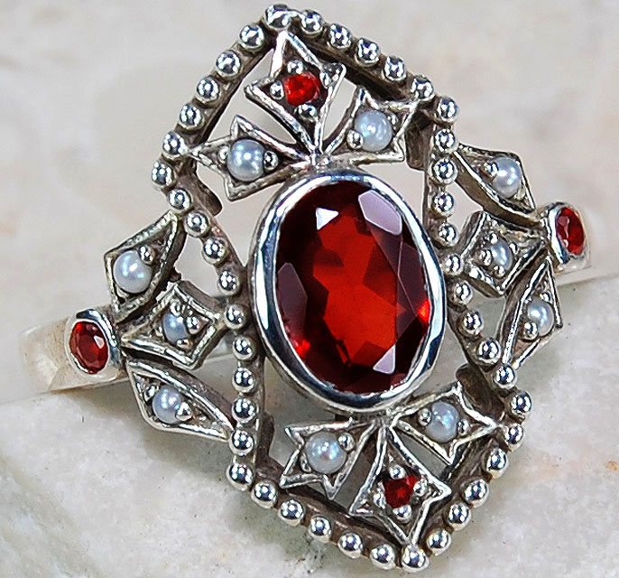 Natural 2ct Garnet Seed Pearl 925 Sterling Silver Victorian Style Ring 